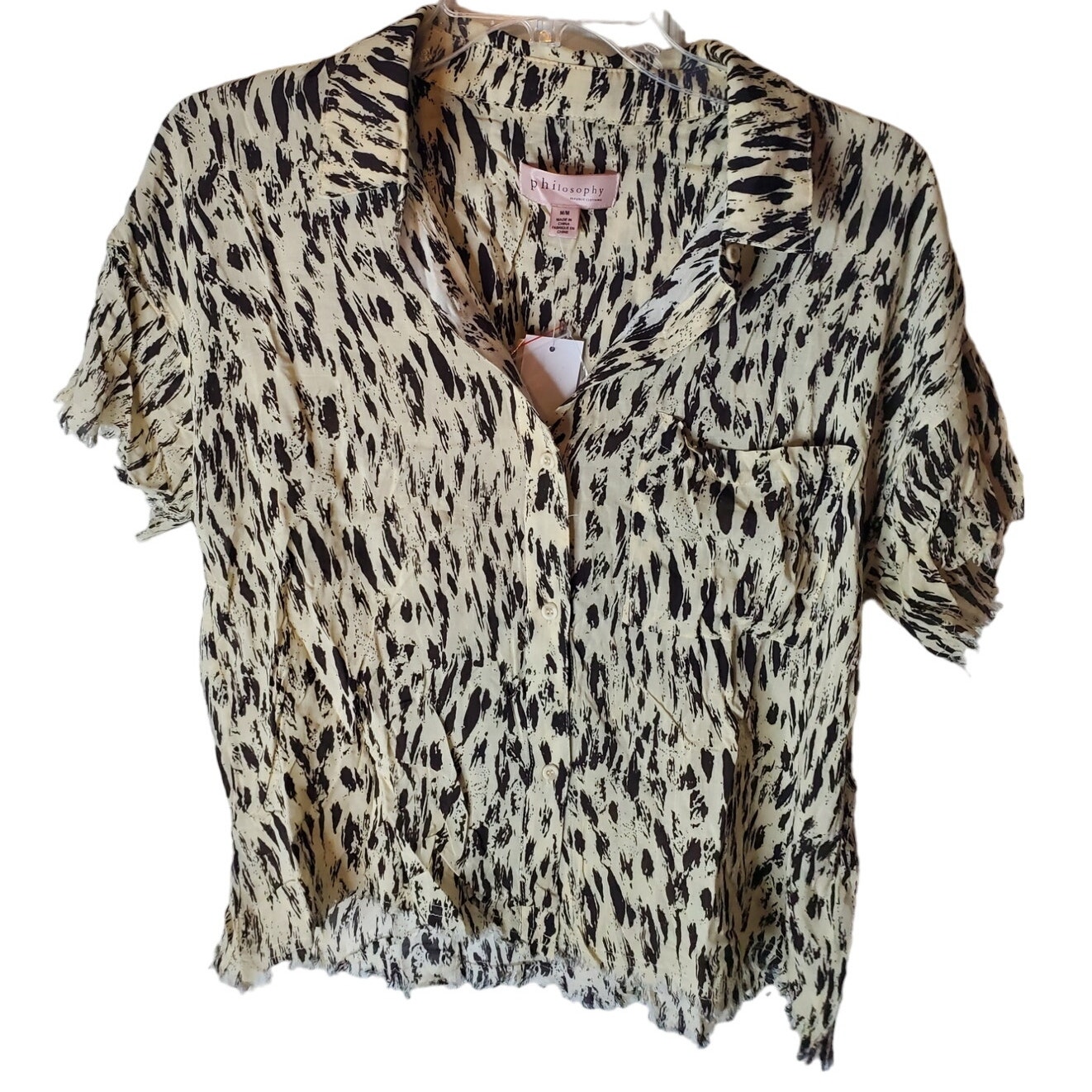 Philosophy Animal Print Button Down Collared Blouse With Distressed Hem, Nwt, M